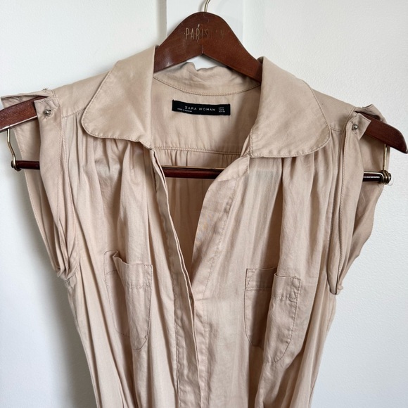 Zara Safari Style Dress W M Tan button up belted collared cap sleeve rare style - Picture 2 of 12